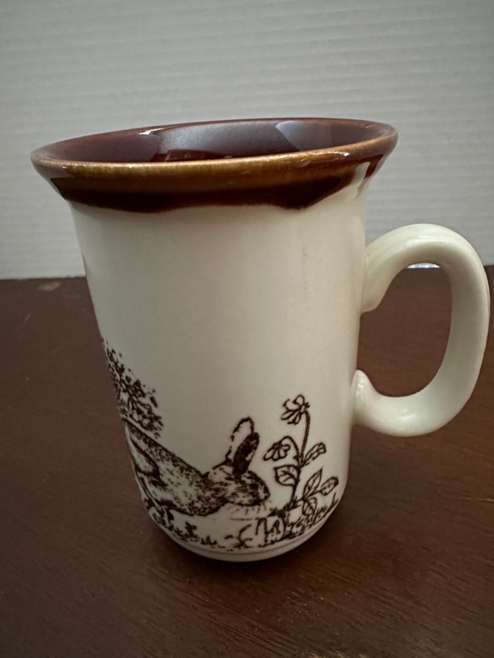 Churchill England Pottery Mug with Brown Rim and Interior, Woodland scene.